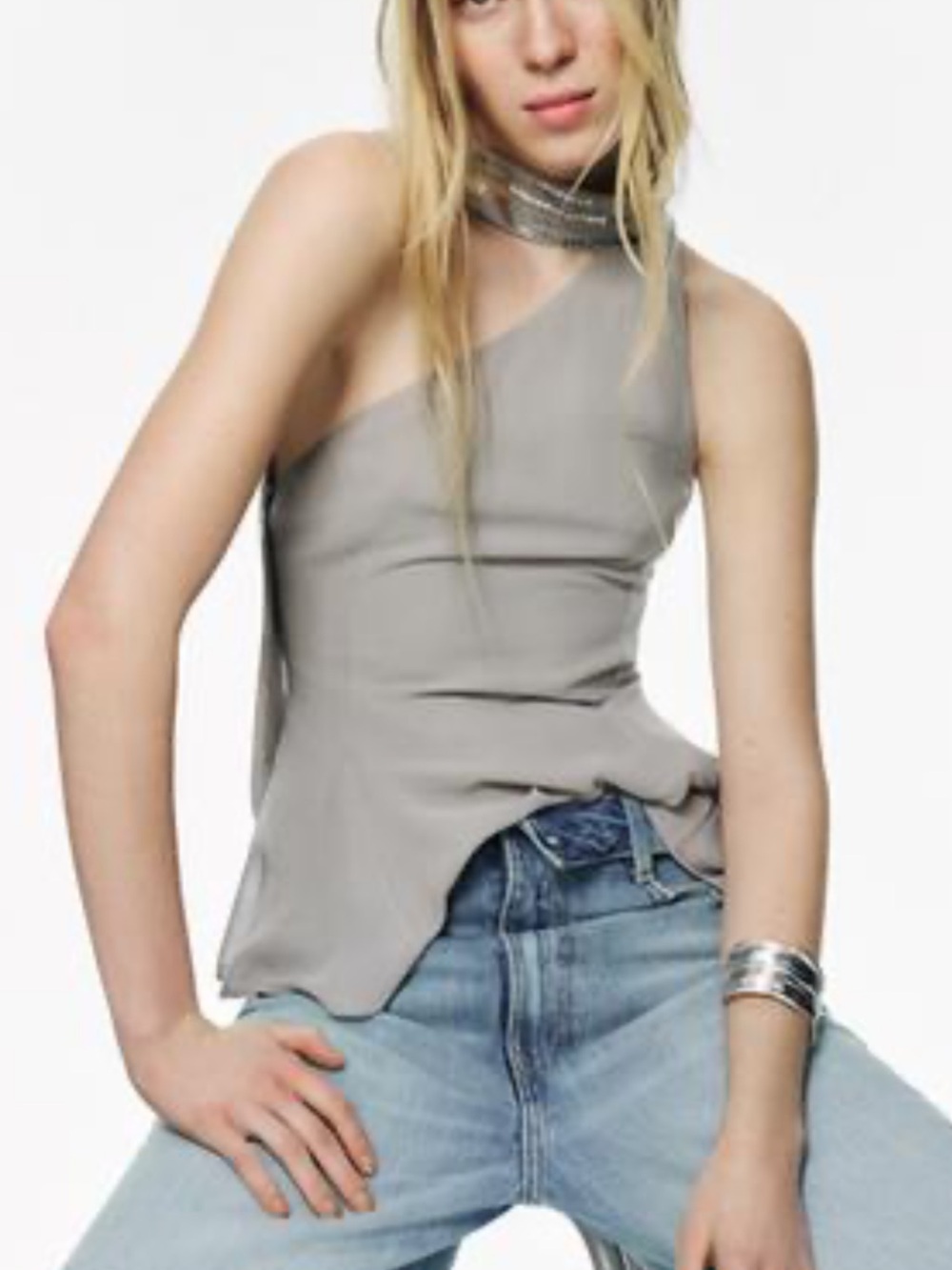 Zara Light Gray One-Shoulder Sequin-Trim Top